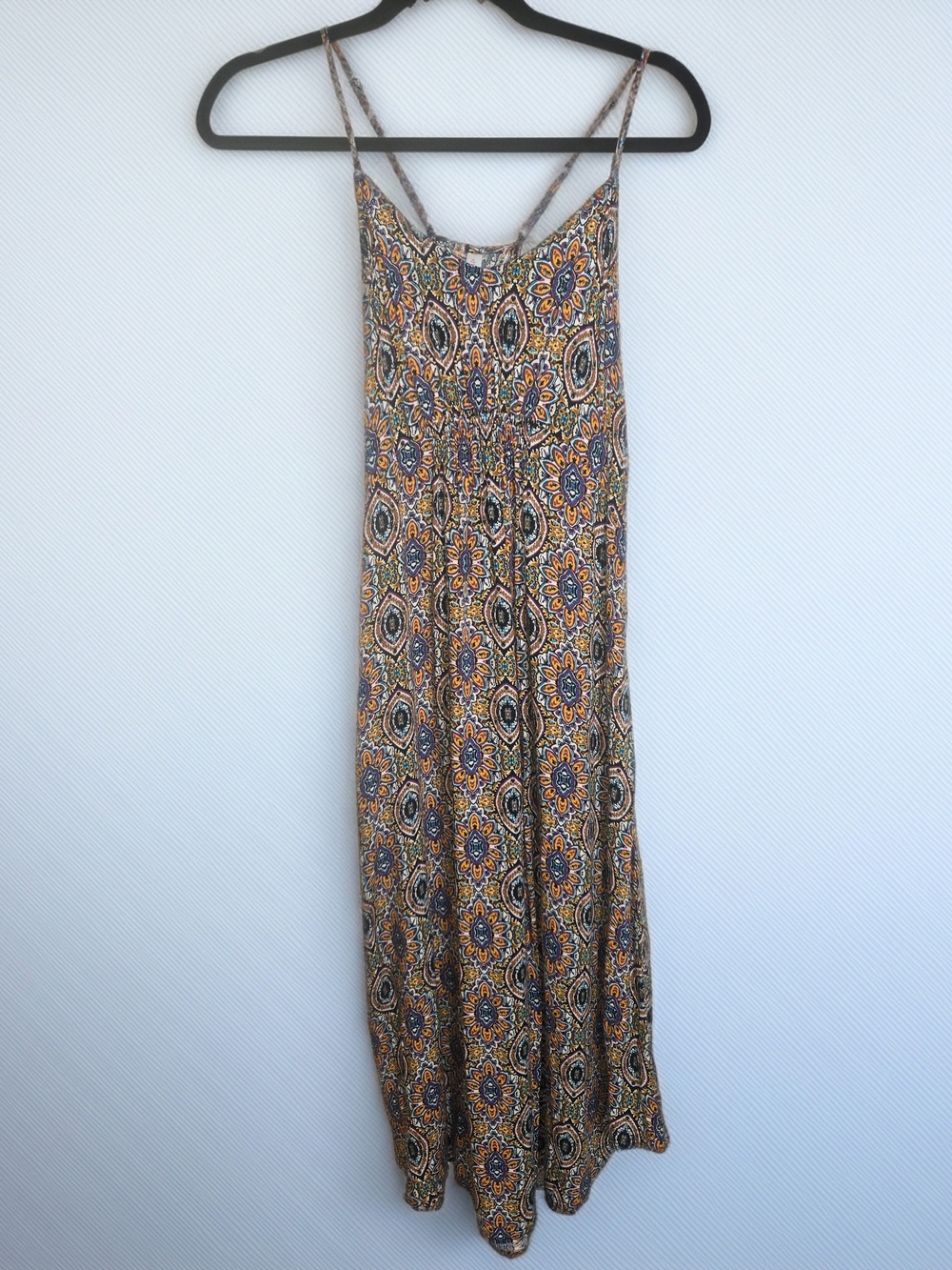 Flawless Sleeveless Boho Maxi Dress in Orange & Blue Tribal Floral Print Size M